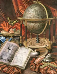 Stilleven met een globe, boeken, schelpen en koralen